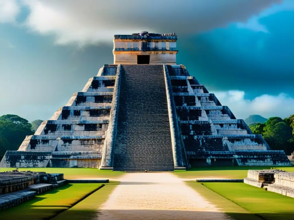 Detalle impresionante del Templo de Kukulcán en Chichén Itzá, destacando la ingeniería y cultura de las escalinatas mayas