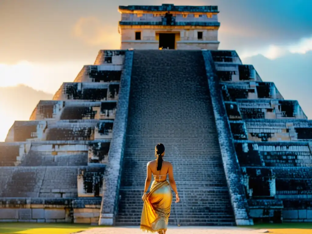 Detalle impresionante del Templo de Kukulcán en Chichén Itzá, resaltando la grandeza y simbolismo celestial de la arquitectura maya