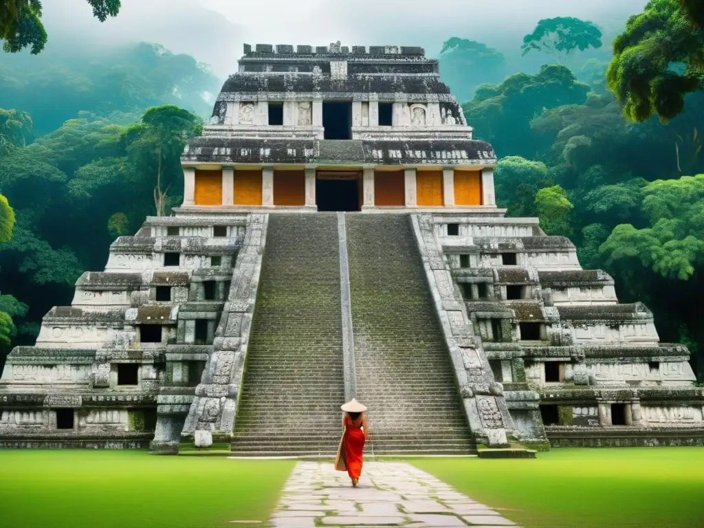 Detalle impresionante del Templo de las Inscripciones en Palenque, ciudad sagrada selva, mostrando la arquitectura maya y sus inscripciones jeroglíficas