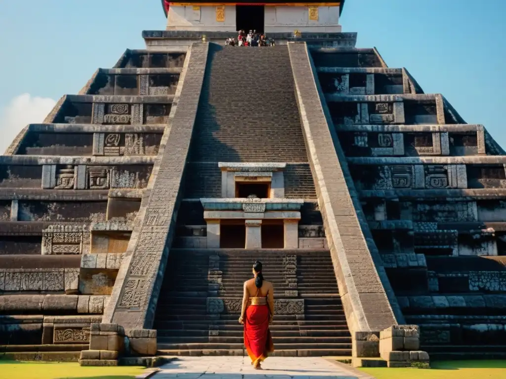 Detalle impresionante del Templo de Kukulkán, mostrando las intrincadas esculturas y la importancia como calendario solar