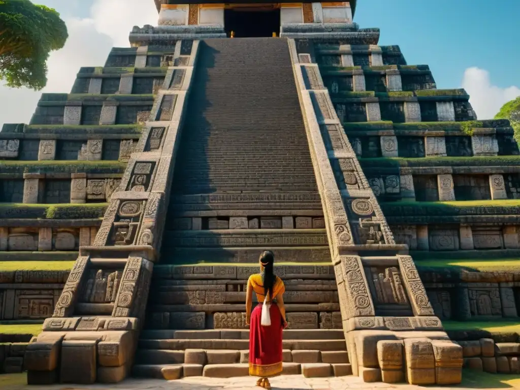 Detalle impresionante de un templo maya, con sombras dramáticas resaltando su artesanía y significado histórico