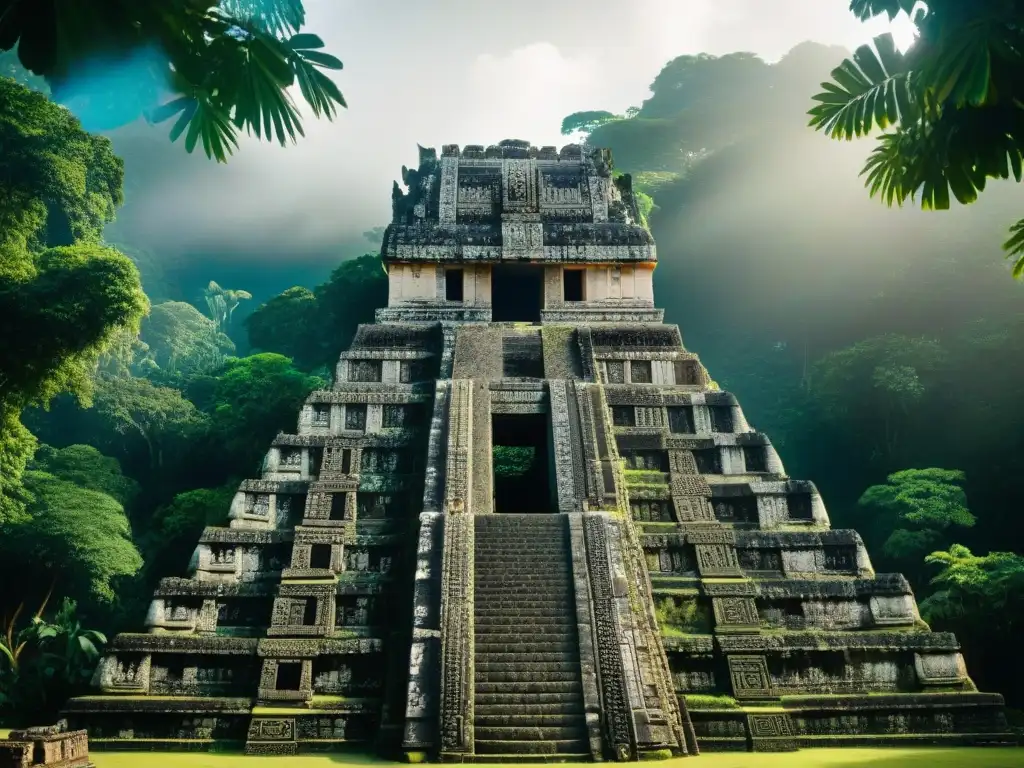 Detalle impresionante de un templo maya, mostrando su arquitectura y arte, rodeado de vegetación