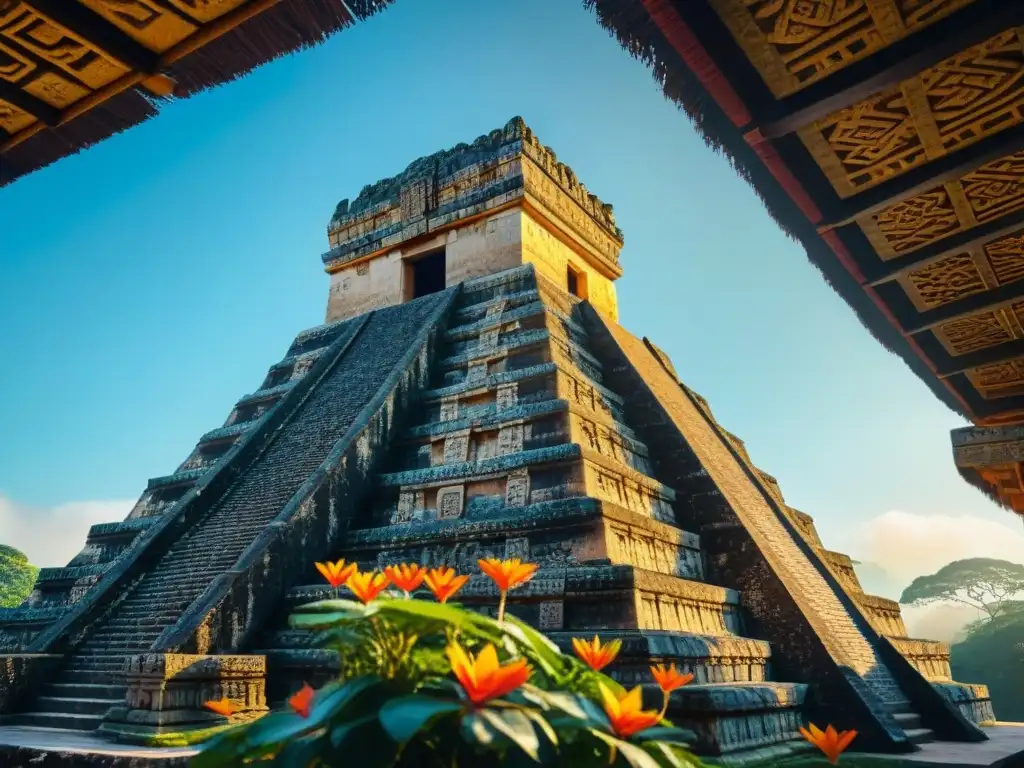 Detalle impresionante de un templo maya rodeado de naturaleza exuberante bajo el cielo azul