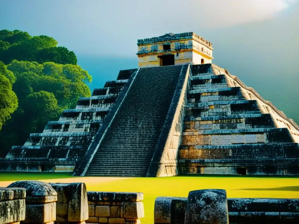 Detalle impresionante del templo maya de Kukulcán en Chichén Itzá, con diseño sostenible inspirado en arquitectura maya