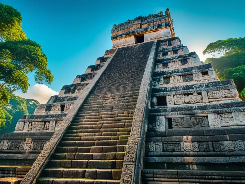 Detalle impresionante del templo maya elevado, resaltando tallados y diseños en piedra bajo la luz del sol