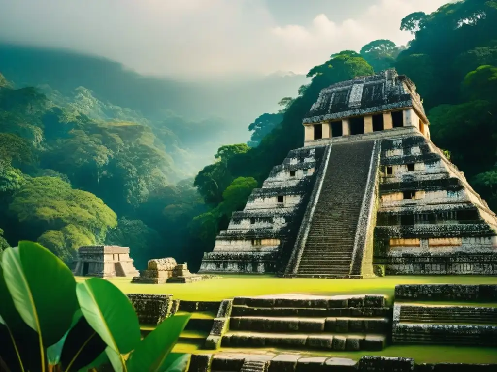 Detalle impresionante de los templos mayas en Palenque, destacando la historia y la belleza arquitectónica