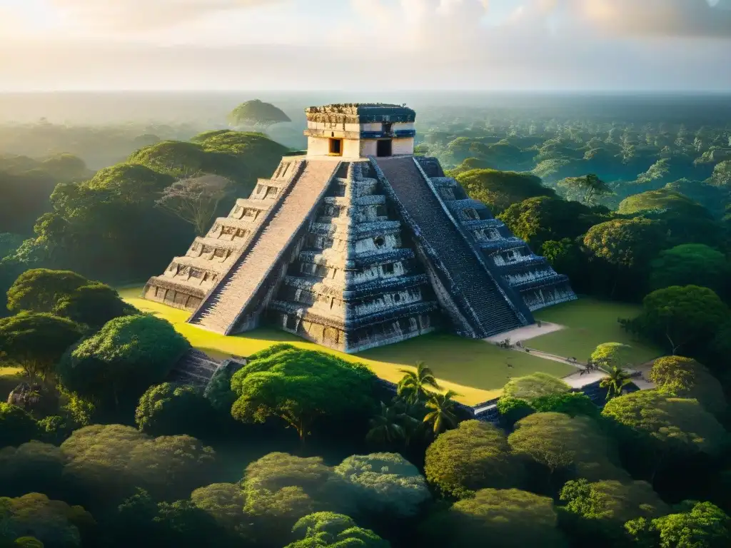 Detalle impresionante de templos mayas en la jungla, revelando la influencia de la religión maya en la sociedad contemporánea