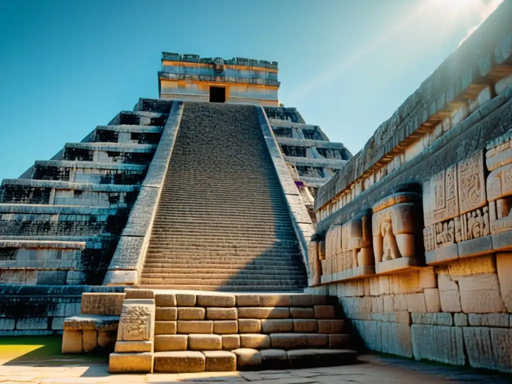 Detalle de las impresionantes decoraciones del templo maya de Kukulkán en Chichén Itzá durante el equinoccio, mostrando la serpiente de luz y sombra