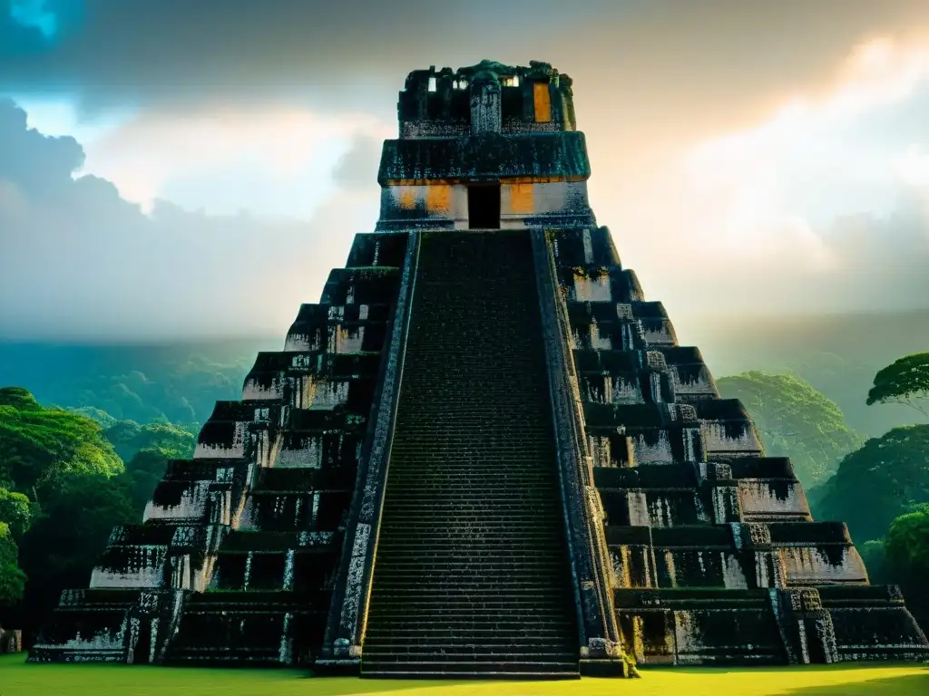 Detalle de las impresionantes ruinas de Tikal ciudad de los dioses bajo la cálida luz del sol