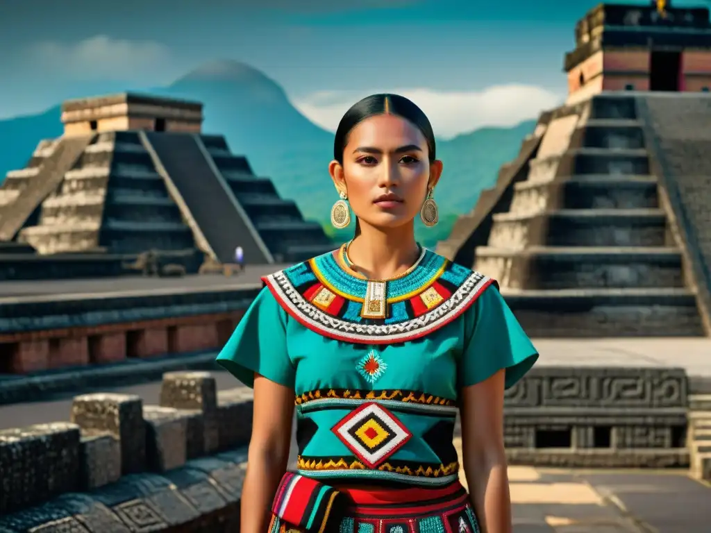 Detalle de la influencia de Teotihuacán en la moda Maya: mezcla de estilos y colores en vestimenta tradicional