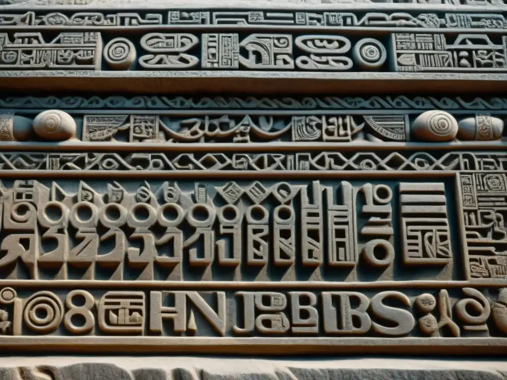 Detalle de una inscripción maya en piedra: escritura maya, estética y significado