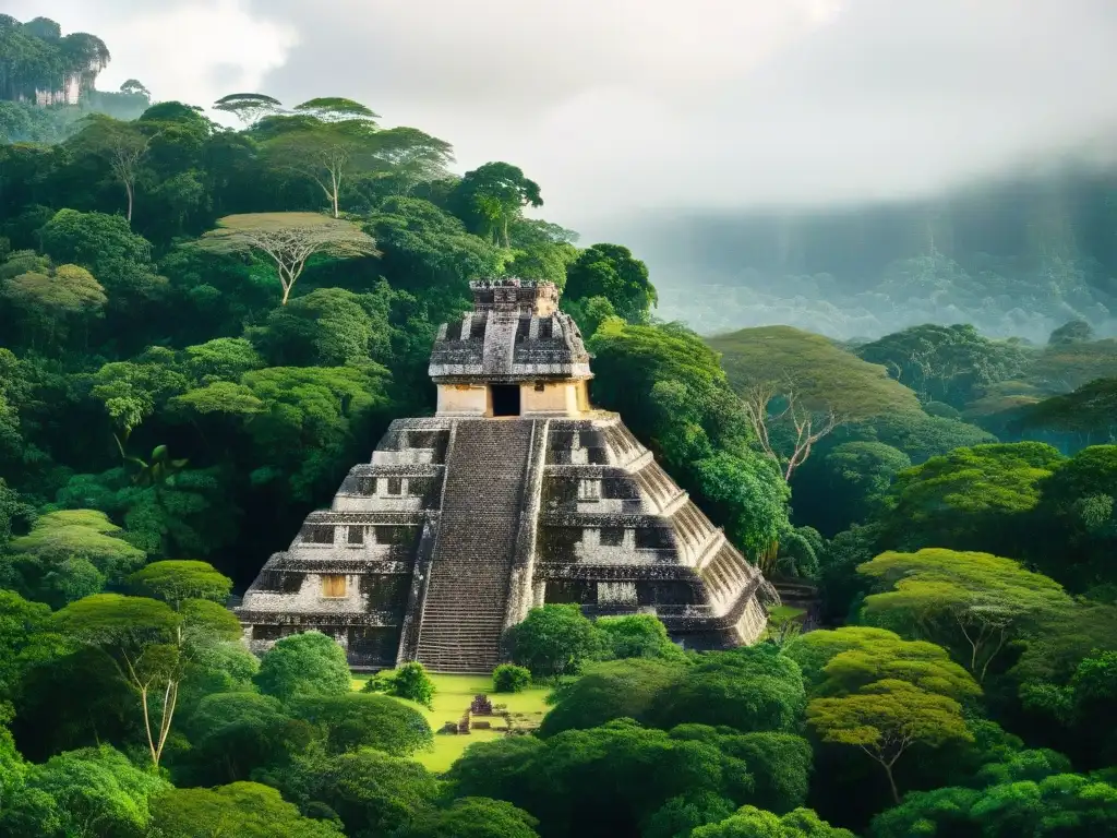 Detalle de la integración de la biodiversidad en la arquitectura maya, con exuberante selva de fondo