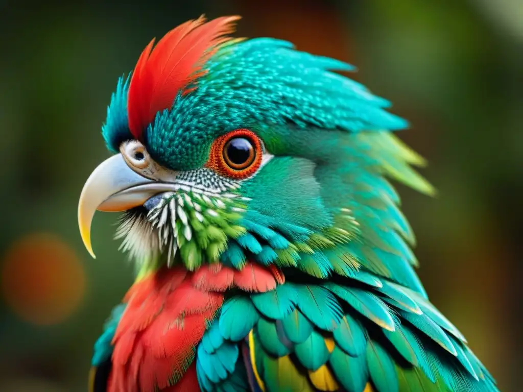 Detalle intricado de un quetzal en un códice maya, con plumas verdes y rojas vibrantes, rodeado de jeroglíficos