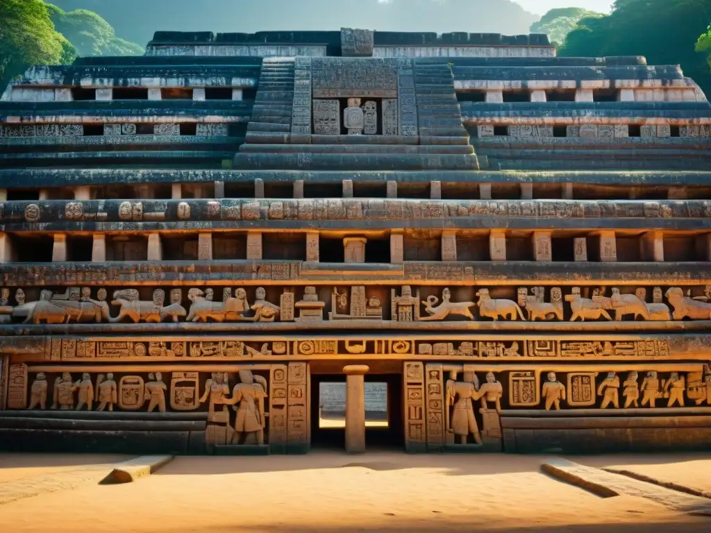 Arte maya en detalle: misterios del juego de pelota Detalle de las intrincadas construcciones de las canchas de pelota mayas, resaltando su grandiosidad y simbolismo
