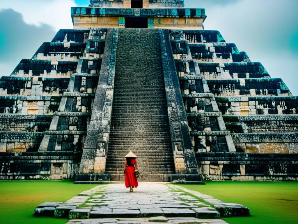 Detalle de las intrincadas esculturas y jeroglíficos de la Pirámide maya oculta en Chichen Itzá