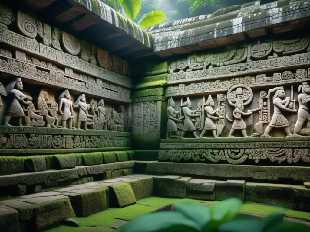 Detalle de las intrincadas esculturas mayas en el Templo de las Inscripciones de Palenque, con musgo y atmósfera ancestral