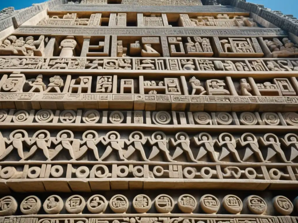 Detalle de las intrincadas esculturas en piedra del Palacio de Sayil, reflejando la grandeza de la Ruta Puuc ciudad maya Sayil