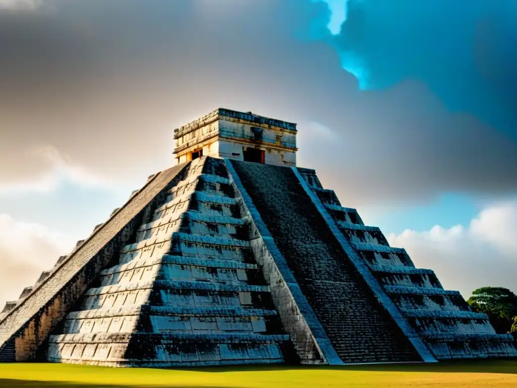 Detalle de las intrincadas formas geométricas y grabados en el Templo de Kukulcán en Chichén Itzá, destacando luz y sombra