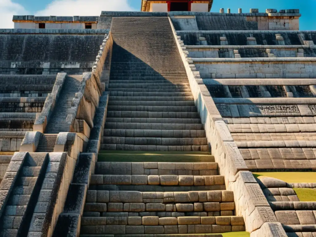 Detalle de las intrincadas geometrías y grabados en la piedra del Templo de Kukulkán en Chichén Itzá, evocando la cosmovisión maya espacio tiempo