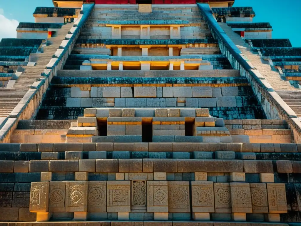 Detalle de las intrincadas geometrías mayas en la fachada de piedra del Templo de Kukulcán en Chichén Itzá