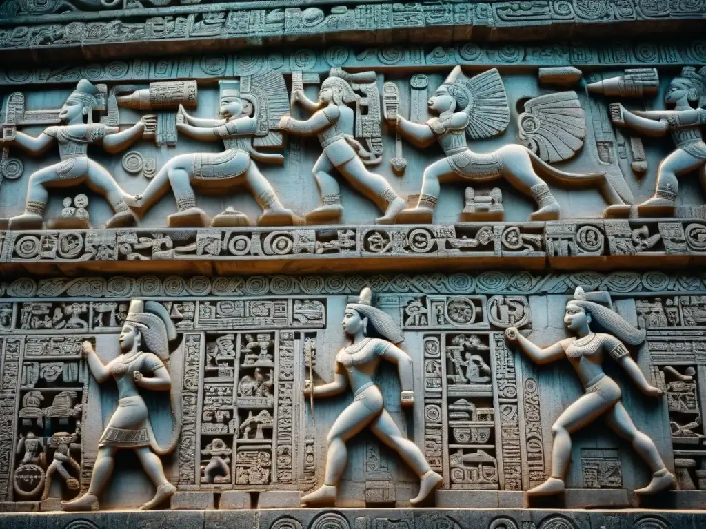 Detalle de las intrincadas inscripciones y glifos en el Templo de las Inscripciones de Palenque, mostrando la maestría arquitectónica maya y su visión del universo