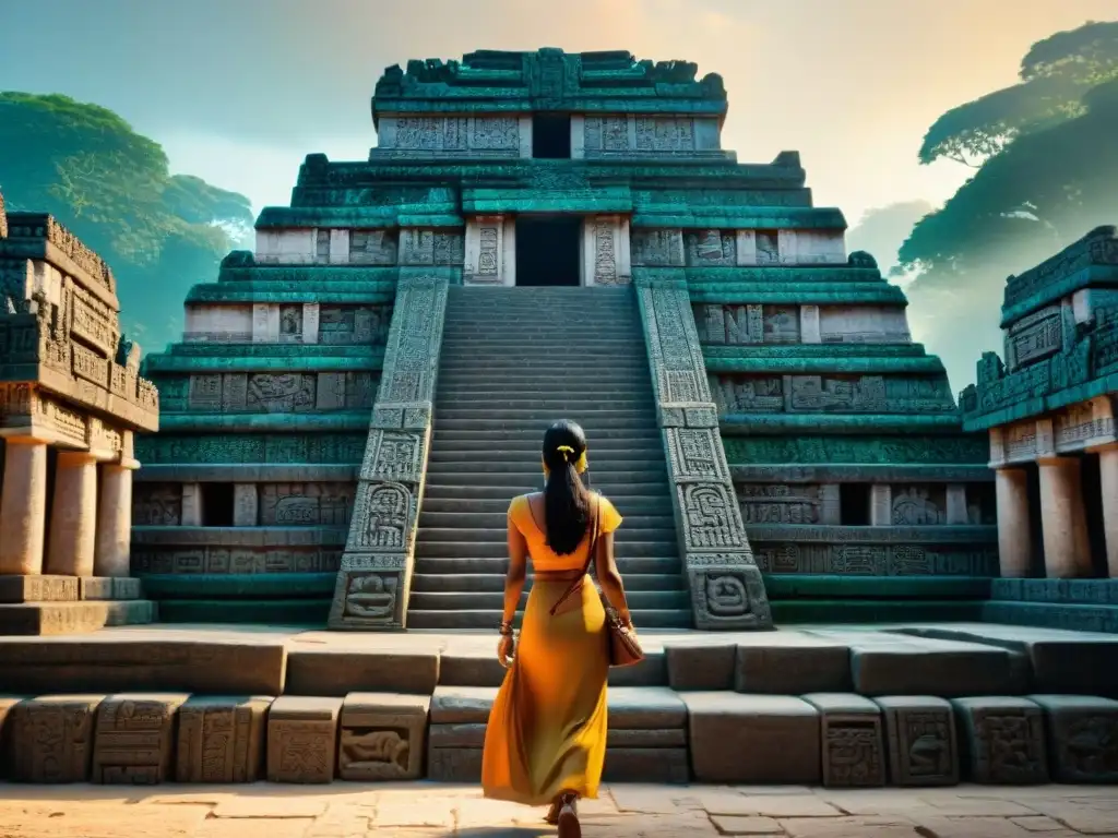 Detalle de las intrincadas inscripciones y jeroglíficos en el templo maya, con el bullicioso mercado moderno de fondo