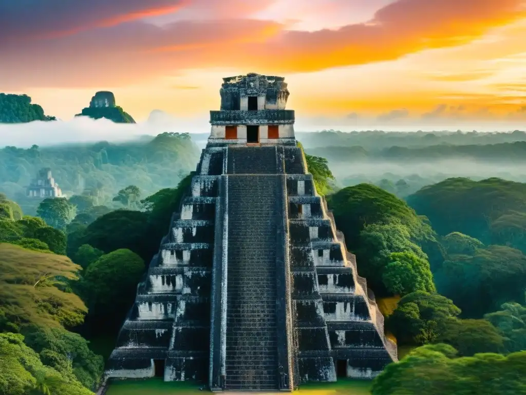 Detalle de las intrincadas inscripciones en Tikal, con pirámides y atardecer vibrante