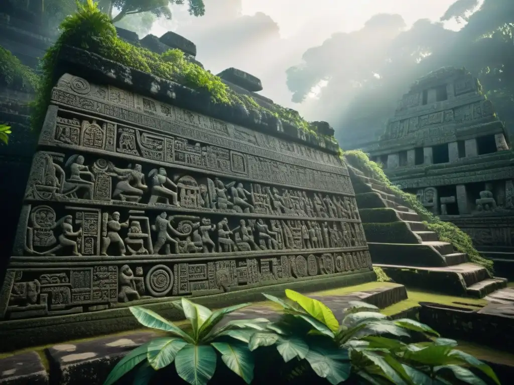 Detalle de las intrincadas tallas en estelas mayas en Aguateca, con la luz del sol filtrándose a través de la selva