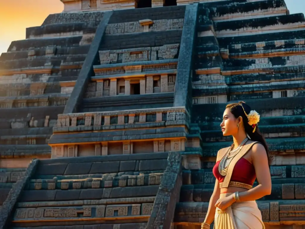 Pirámide maya al atardecer: detalles ancestrales en piedra Detalle de las intrincadas tallas en la fachada de una pirámide maya, resaltando la conservación con detección de anomalías térmicas