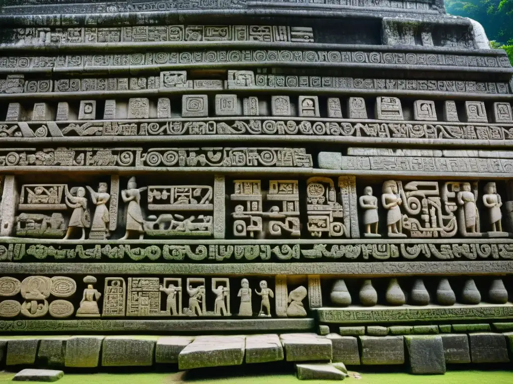 Detalle de las intrincadas tallas y jeroglíficos en el Templo de las Inscripciones en Palenque, destacando la preservación arquitectónica maya ante cambio climático