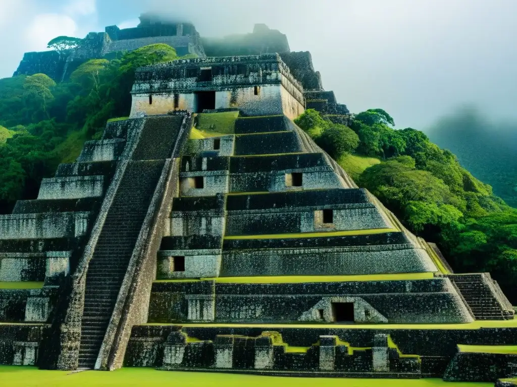 Detalle de las intrincadas tallas y jeroglíficos en las antiguas paredes de piedra de la pirámide El Castillo en Xunantunich, mostrando la habilidad y simbología de la civilización maya