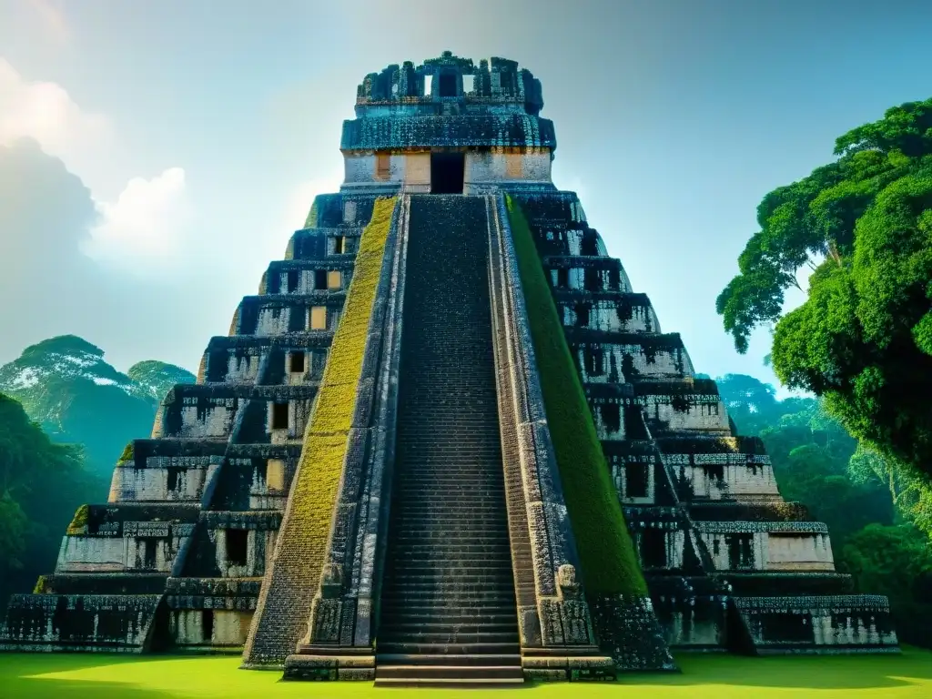 Detalle de las intrincadas tallas y jeroglíficos en el templo maya de Tikal, resaltando su arquitectura y construcción en la civilización maya