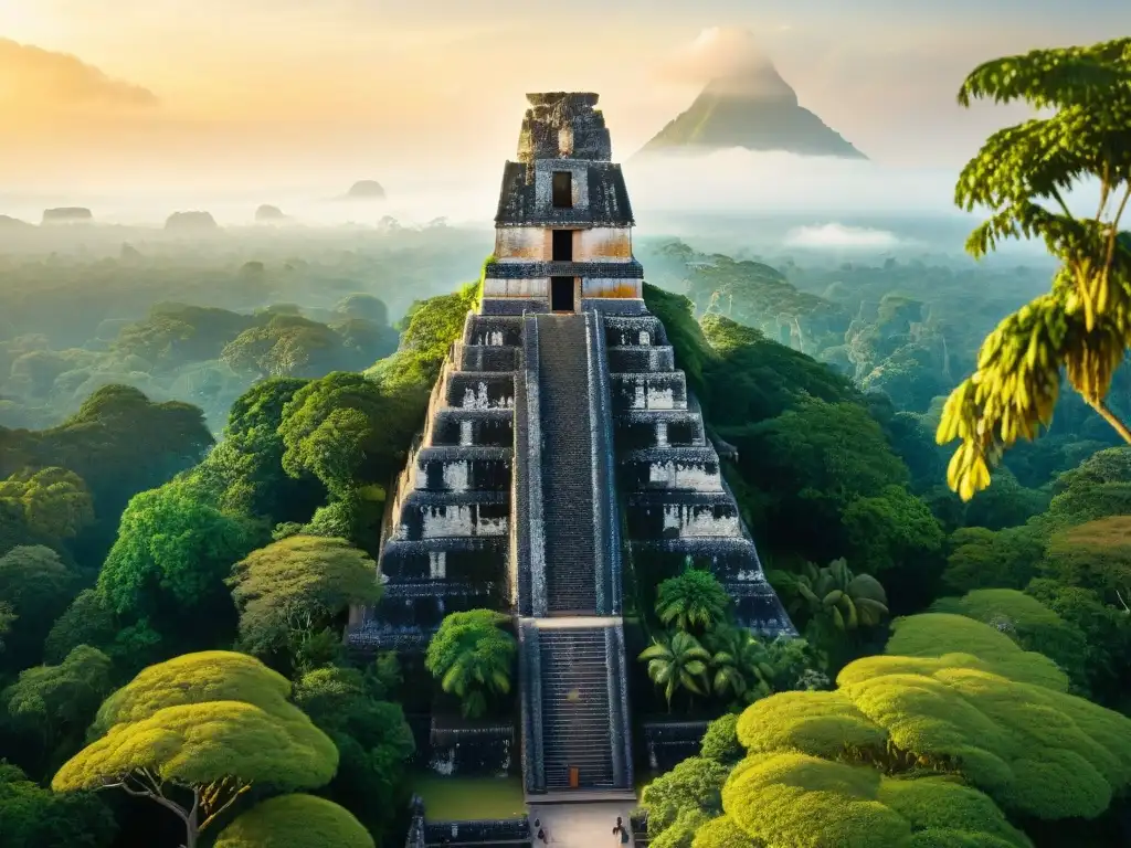 Majestuosas esculturas y jeroglíficos en el templo maya de Tikal Detalle de intrincadas tallas y jeroglíficos en el templo maya de Tikal al atardecer, rodeado de exuberante selva