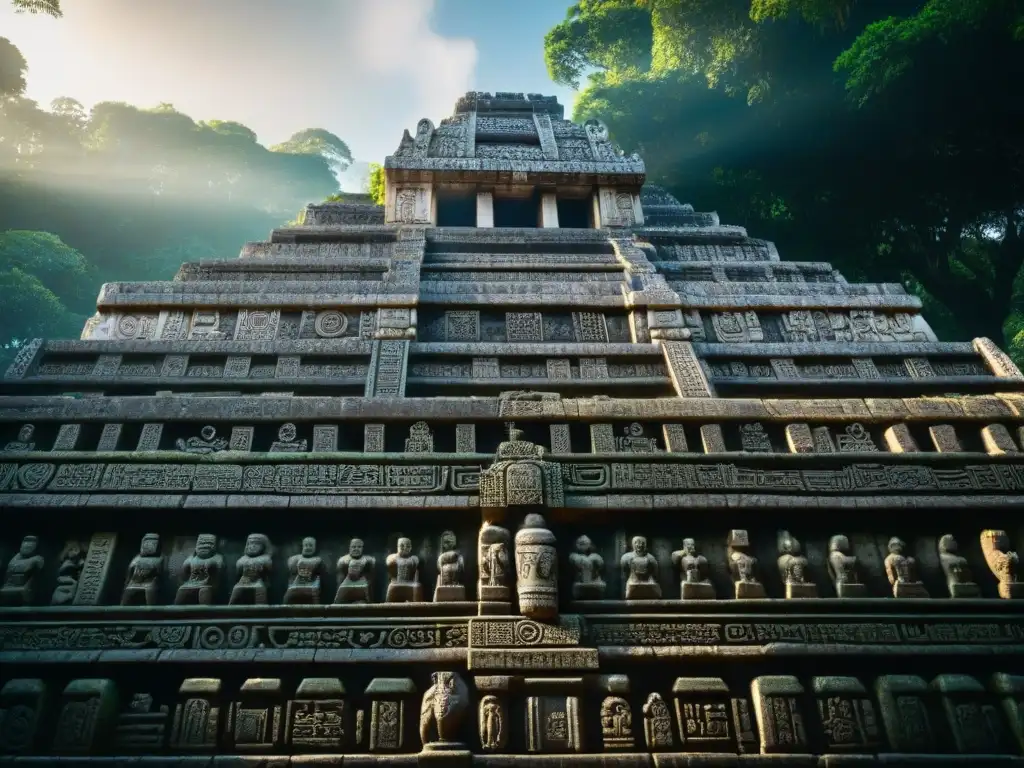 Detalle de las intrincadas tallas y jeroglíficos en un templo maya, resaltando la grandiosidad de la arquitectura y prácticas culturales mayas