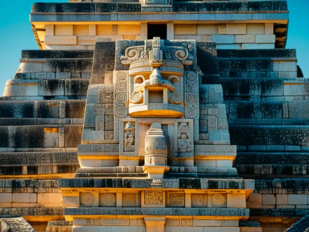 Detalle de las intrincadas tallas en el observatorio astronómico maya en Chichén Itzá, resaltando la importancia de la Astronomía maya en educación