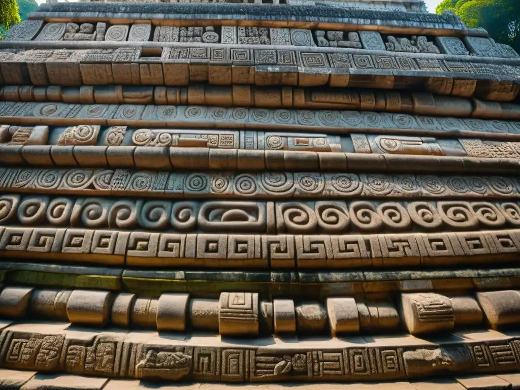 Detalle de las intrincadas tallas en las paredes del Templo de las Inscripciones en Palenque, resaltando la Astronomía y Geometría en Mayas