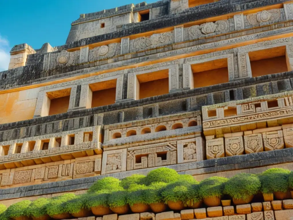 Detalle de las intrincadas tallas y patrones geométricos en la fachada del Palacio del Gobernador en Uxmal, legado arquitectónico maya ruta Puuc