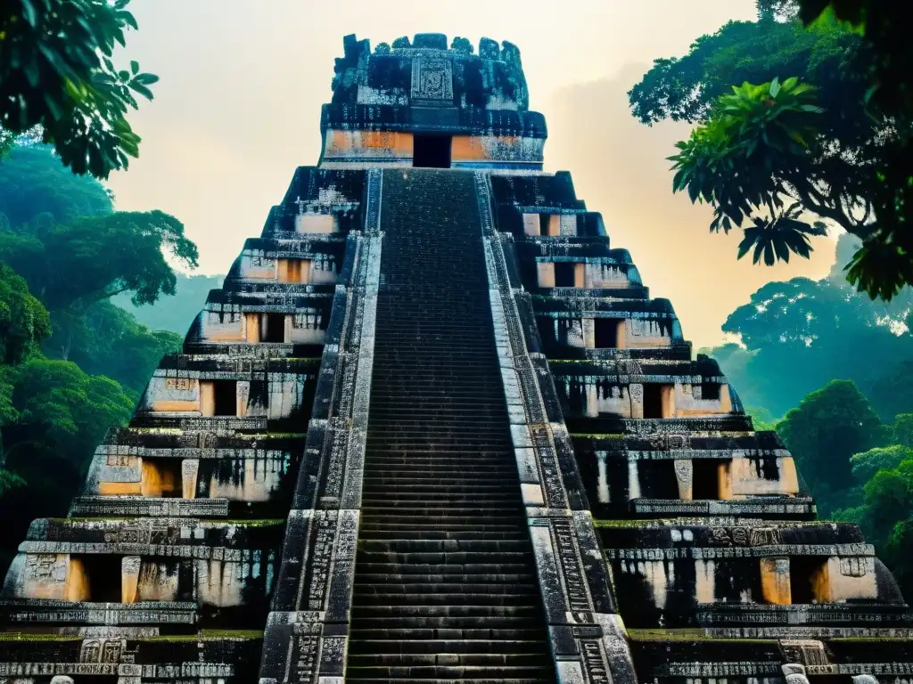 Detalle de las intrincadas tallas de piedra en Tikal resaltando la importancia espiritual de las alineaciones astronómicas mayas