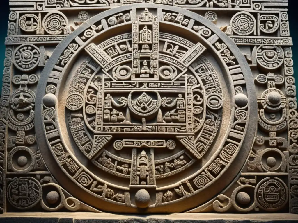 Detalle de las intrincadas tallas en piedra del calendario maya, simbolizando la armonía cósmica