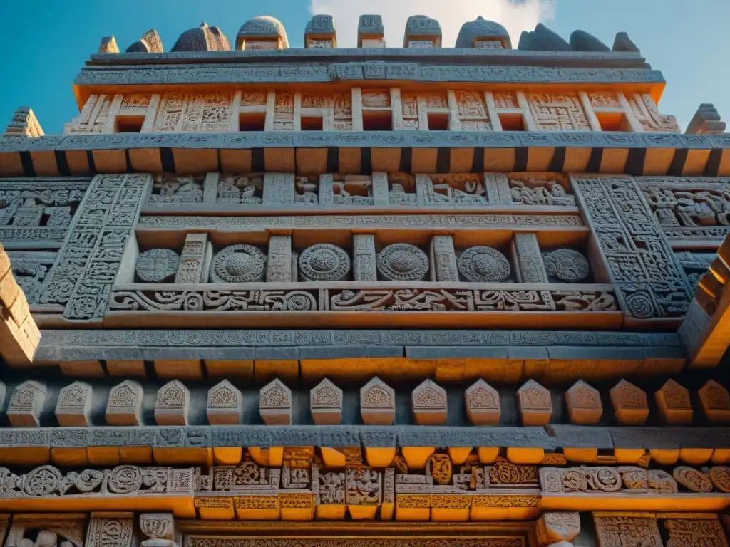 Detalle de las intrincadas tallas de piedra y patrones geométricos en el Palacio de Sayil, resaltando la arquitectura Puuc en Realidad Virtual