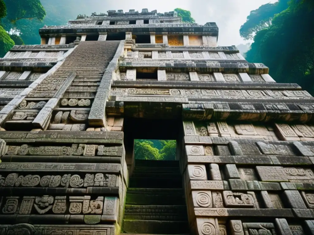 Detalle de las intrincadas tallas y relieves del Templo de las Inscripciones en Palenque, destacando la arquitectura maya