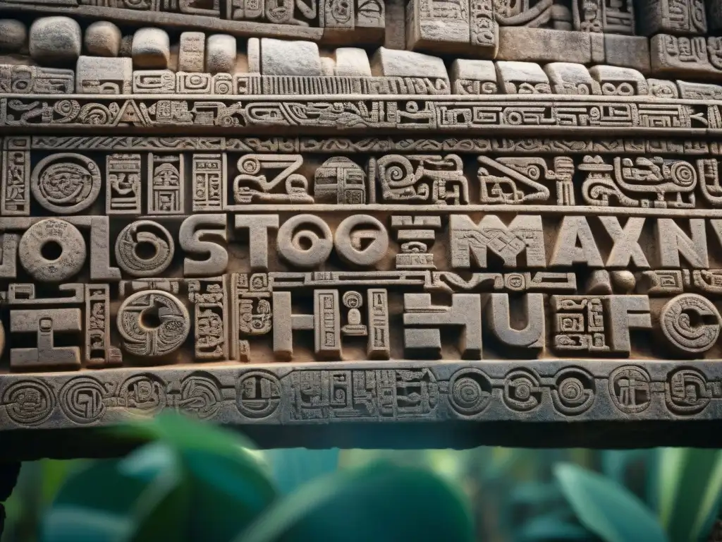 Jeroglíficos Mayas: Arte ancestral grabado en piedra Detalle de las intrincadas tecnologías mayas, herencia cultural en piedra