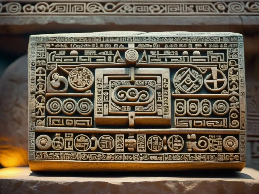 Detalle intrincado de un antiguo tablet maya con símbolos matemáticos tallados