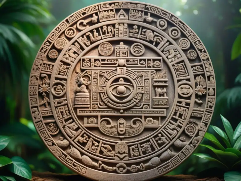 Detalle del intrincado calendario maya, iluminado por la cálida luz entre la densa selva