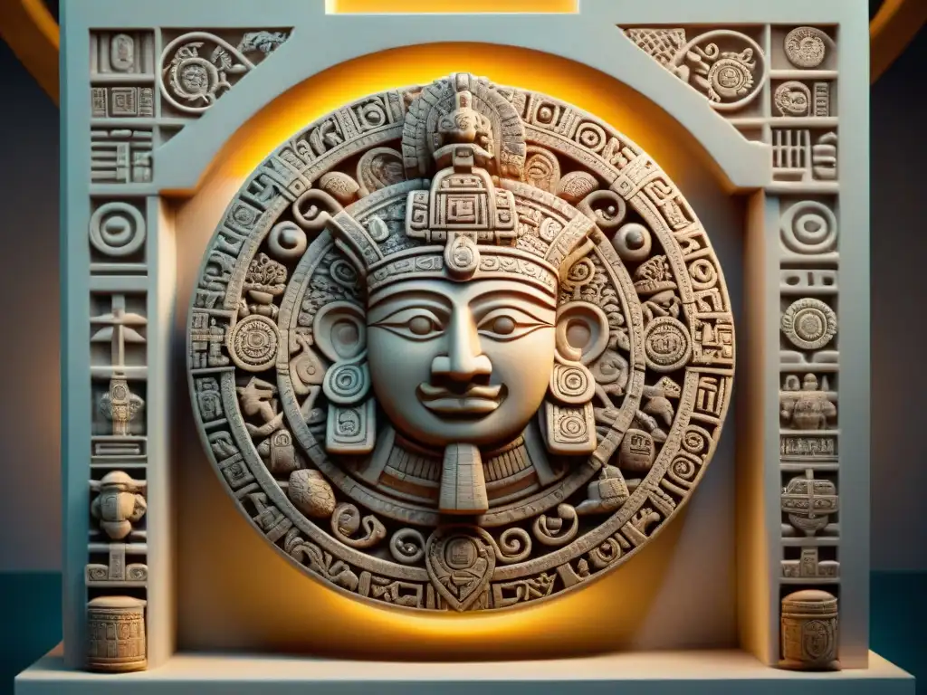 Detalle del intrincado calendario maya iluminado por luz natural, representando la cosmología maya vida cotidiana