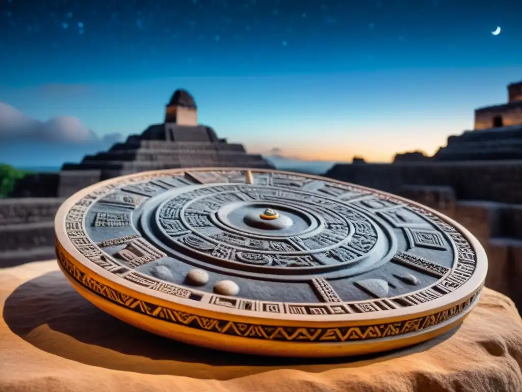 Reloj astronómico maya: detalle celestial en piedra Detalle intrincado de una herramienta astronómica Maya en piedra, con marcas celestiales, en una noche estrellada