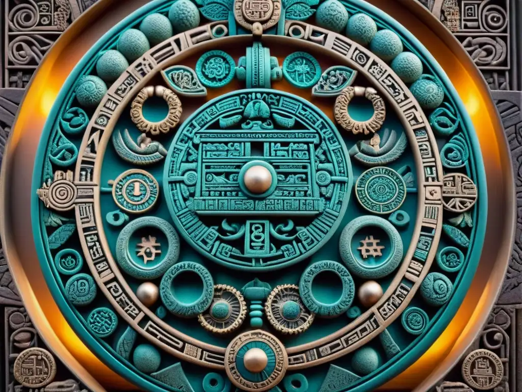 Detalle del intrincado sistema de calendario maya, destacando el Tzolk'in con sus glifos circulares