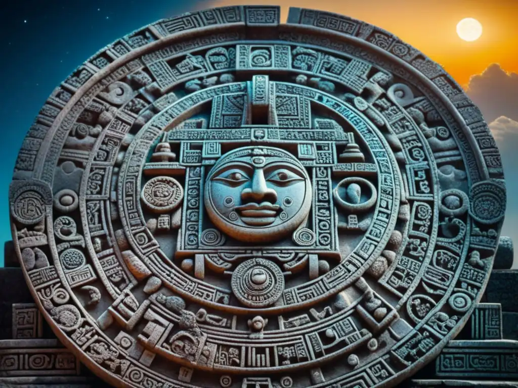 Detalle intrincado de tallado Maya representando eventos astronómicos clave en su cosmología, bajo un cielo estrellado