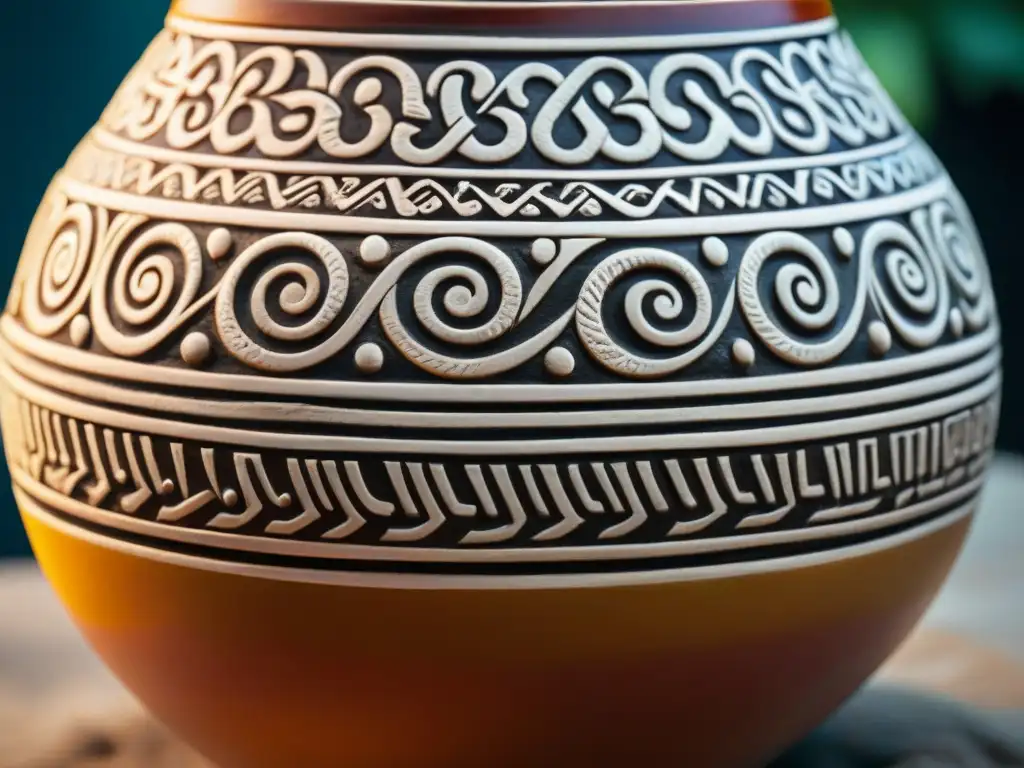 Detalle intrincado de una vasija cerámica maya, con símbolos y glifos