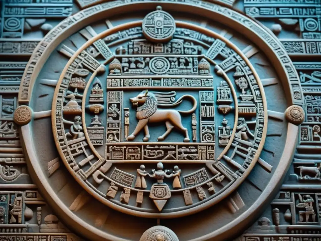 Detalle de los intrincados grabados en una piedra del calendario maya, iluminada por un rayo de sol